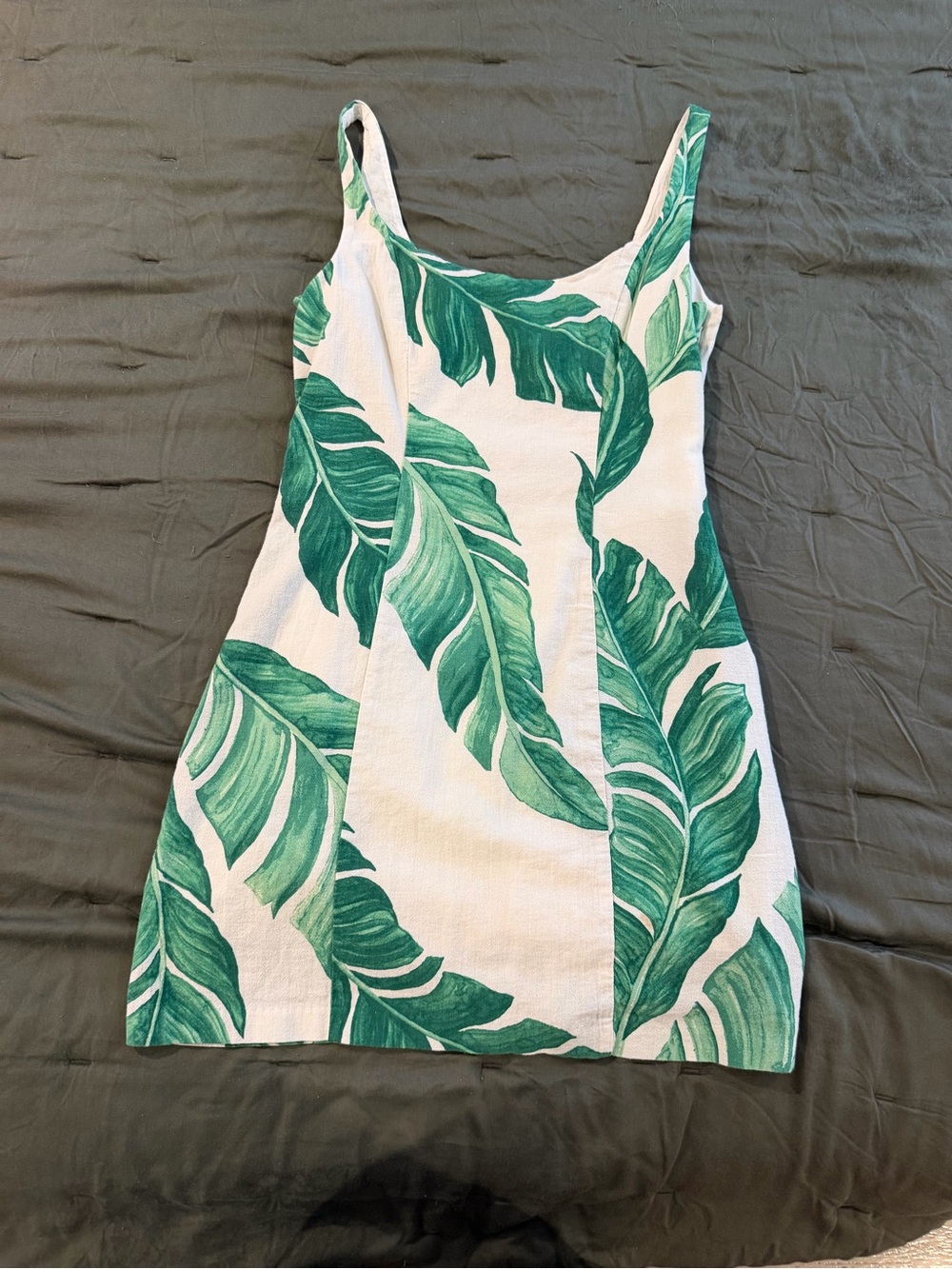 H&M White Mini Dress with Green Tropical Leaf Print